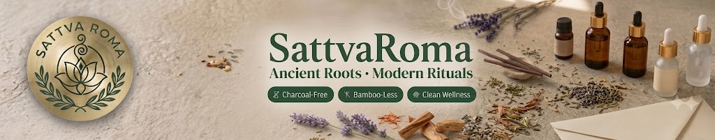 SattvaRoma — Ancient Roots, Modern Rituals. Signature Sandalwood-Saffron and Nag Champa charcoal-free luxury dhoop incense sticks, plus pure Ayurvedic essential oils, rooted in Ayurvedic tradition.