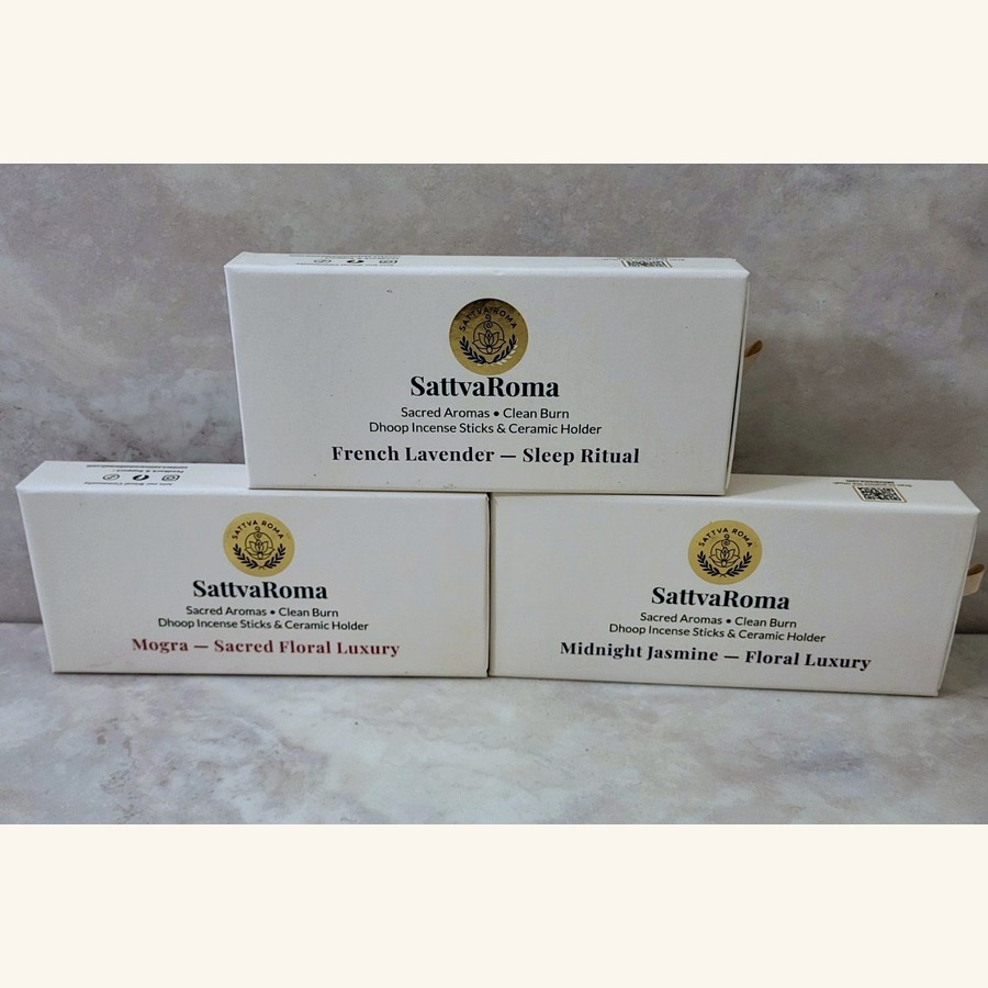 SattvaRoma Bloom Trio gift set — French Lavender, Midnight Jasmine, and Mogra dhoop incense boxes