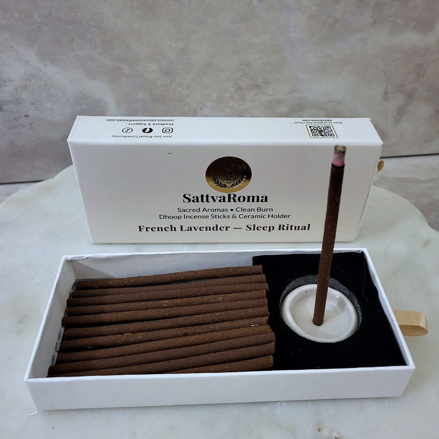 SattvaRoma French Lavender dhoop incense box with lit stick in ceramic holder