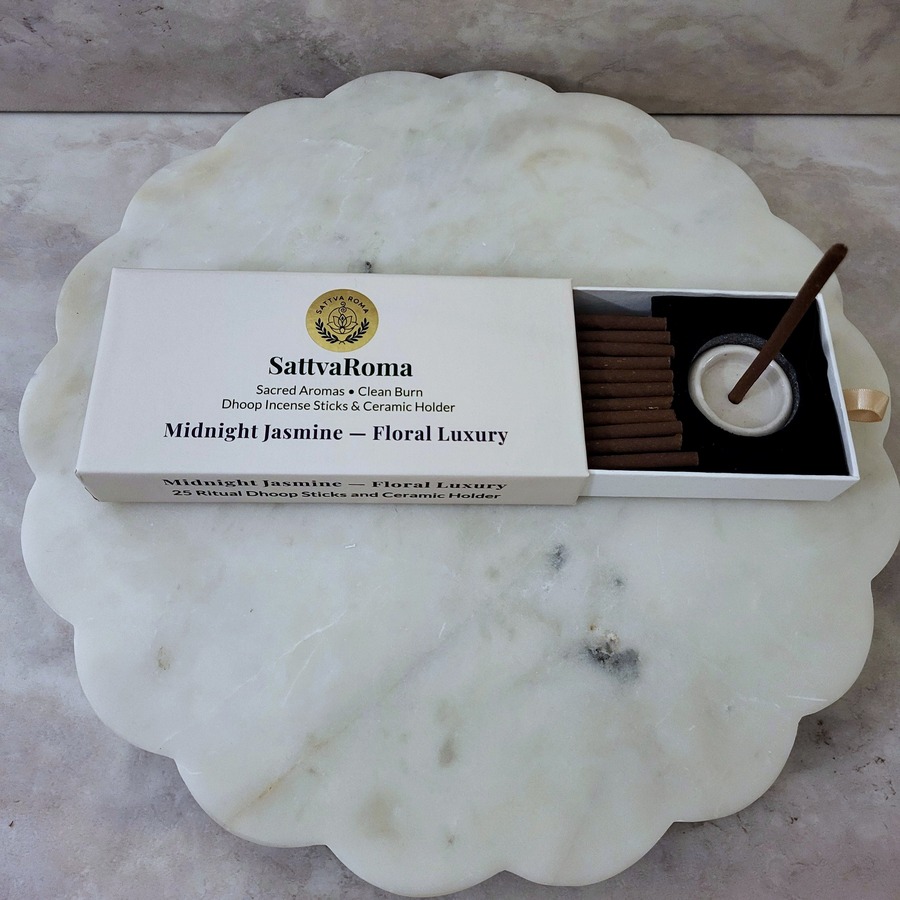 SattvaRoma Midnight Jasmine dhoop incense box with lit stick in ceramic holder