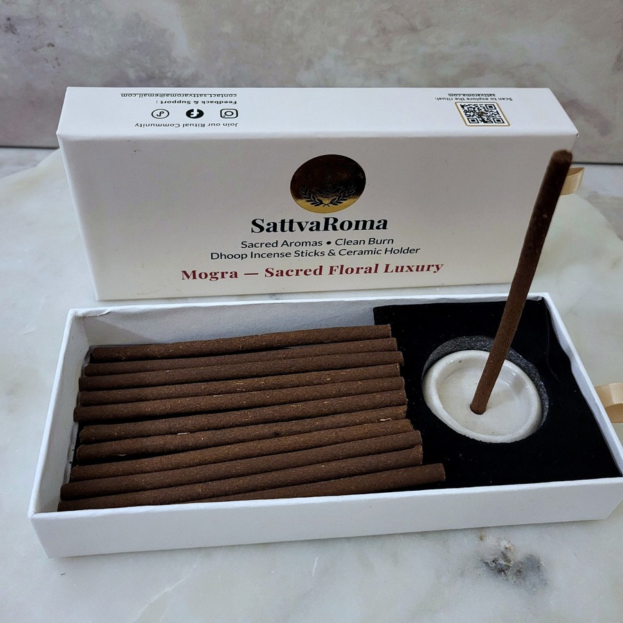 SattvaRoma Mogra dhoop incense box with lit stick in ceramic holder