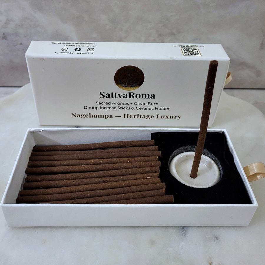SattvaRoma Nagchampa dhoop incense box with lit stick in ceramic holder