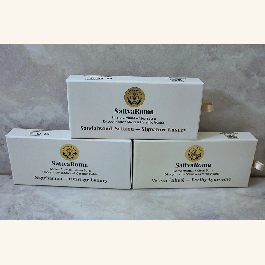 SattvaRoma Roots Trio gift set — Nagchampa, Sandalwood-Saffron, and Vetiver dhoop incense boxes
