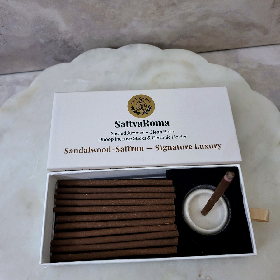 SattvaRoma Sandalwood-Saffron dhoop incense box with lit stick in ceramic holder