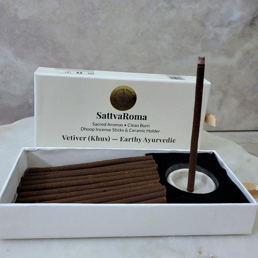 SattvaRoma Vetiver (Khus) dhoop incense box with lit stick in ceramic holder